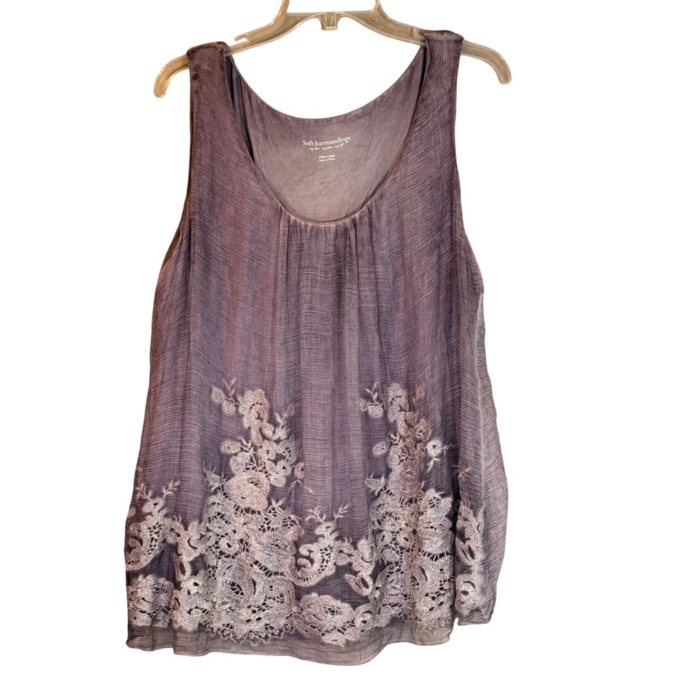 Soft Surroundings 100% Silk Tank Top Womens LP Purple Embroidered Laganlook